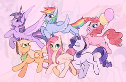 Size: 1280x838 | Tagged: safe, artist:serafelis, derpibooru import, applejack, fluttershy, pinkie pie, rainbow dash, rarity, twilight sparkle, twilight sparkle (alicorn), alicorn, earth pony, pegasus, pony, unicorn, balloon, bandana, colored wings, cowboy hat, cute, end of ponies, eyes closed, female, flying, hat, looking back, mane six, mare, mouth hold, smiling, wings, zoom layer