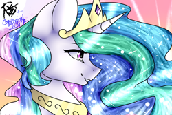 Size: 1022x684 | Tagged: safe, artist:prettyshinegp, artist:xxgalaxyyxx, princess celestia, alicorn, pony, collaboration, bust, crown, female, jewelry, mare, peytral, portrait, regalia, solo