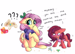 Size: 4200x3000 | Tagged: safe, artist:dreamscapevalley, big macintosh, fluttershy, oc, oc:apple luv, earth pony, pegasus, pony, apron, clothes, cookie, fluttermac, food, holiday, male, offspring, parent:big macintosh, parent:fluttershy, parents:fluttermac, pregnant, scarf, shipping, stallion, straight