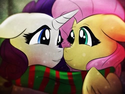 Size: 2048x1536 | Tagged: safe, artist:mylittlelevi64, fluttershy, rarity, pegasus, pony, unicorn, boop, clothes, female, flarity, floppy ears, lesbian, noseboop, scarf, shared clothing, shared scarf, shipping