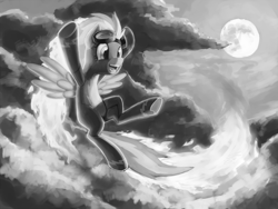 Size: 1600x1200 | Tagged: safe, artist:ligerstorm, derpibooru import, spitfire, cloud, cloudy, crying, fire, flying, mane on fire, monochrome, moon, solo, spitfiery, tears of joy, wonderbolts uniform