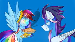 Size: 1280x720 | Tagged: safe, artist:soarindashbestship, derpibooru import, rainbow dash, soarin', pegasus, pony, the best night ever, 30 day soarindash challenge, clothes, dress, female, food, gala dress, male, pie, scene interpretation, shipping, soarindash, straight, tumblr, uniform, wonderbolts uniform