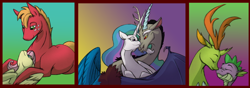 Size: 1024x361 | Tagged: safe, artist:pampoke, big macintosh, discord, fluttershy, princess celestia, spike, thorax, alicorn, changedling, changeling, dragon, earth pony, pegasus, pony, boop, cuddling, dislestia, eyes closed, fluttermac, gay, king thorax, lidded eyes, looking at each other, looking down, looking up, male, noseboop, nuzzling, on back, prone, shipping, smiling, spread wings, straight, thoraxspike, wings