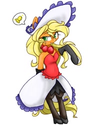 Size: 480x640 | Tagged: safe, artist:azurepicker, derpibooru import, applejack, anthro, bits, bravely default, clothes, dress, pantyhose, simple background