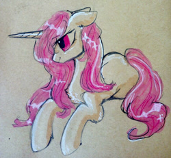 Size: 780x720 | Tagged: safe, artist:goldenrainynight, princess celestia, alicorn, pony, female, floppy ears, mare, pink-mane celestia, solo, traditional art, wingless, younger