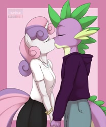 Size: 1280x1536 | Tagged: safe, artist:kloudmutt, spike, sweetie belle, anthro, female, kissing, male, shipping, spikebelle, straight