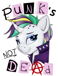 Size: 3797x5000 | Tagged: safe, alternate version, artist:partylikeanartist, rarity, pony, unicorn, it isn't the mane thing about you, absurd resolution, alternate costumes, alternate hairstyle, anarchy, bust, clothes, design, diamonds, eyeshadow, jacket, looking away, looking up, makeup, portrait, punk, punk's not dead, raripunk, shirt design, short hair, simple background, smiling, smirk, solo, studs, text, transparent background