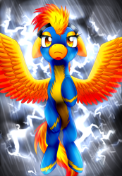 Size: 2700x3900 | Tagged: safe, artist:scarlet-spectrum, derpibooru import, spitfire, floppy ears, lightning, solo, storm, wonderbolts uniform