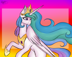 Size: 1000x800 | Tagged: safe, artist:minelvi, artist:onyx-gay, princess celestia, alicorn, pony, collaboration, bipedal, crown, jewelry, peytral, regalia, solo