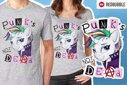 Size: 2048x1365 | Tagged: safe, alternate version, artist:partylikeanartist, rarity, human, it isn't the mane thing about you, advertisement, alternate costumes, alternate hairstyle, bust, clothes, design, punk, raripunk, redbubble, shirt, shirt design, solo
