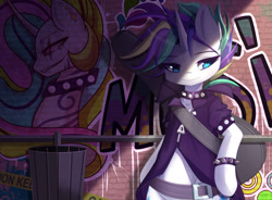 Size: 1900x1400 | Tagged: safe, artist:togeticisa, rarity, anthro, it isn't the mane thing about you, alleyway, alternate hairstyle, belt, bipedal, bracelet, clothes, collar, female, graffiti, guitar, jacket, jewelry, leaning back, mare, punk, raripunk, short hair, smiling, solo, trash can