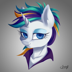 Size: 4000x4000 | Tagged: safe, artist:foxcarp, rarity, pony, unicorn, it isn't the mane thing about you, absurd resolution, alternate hairstyle, eyeshadow, female, gradient background, looking at you, makeup, mare, punk, raripunk, short hair, signature, smiling, solo