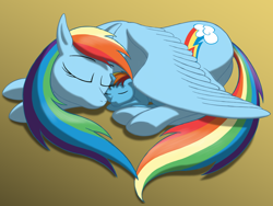 Size: 2000x1500 | Tagged: safe, artist:nebulastar985, derpibooru import, rainbow dash, oc, oc:spectrum spell, pegasus, pony, unicorn, eyes closed, female, foal, motherly, offspring, parent:rainbow dash, rainbow mom, sleeping