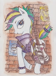Size: 715x961 | Tagged: safe, artist:daisymane, rarity, pony, unicorn, it isn't the mane thing about you, alternate hairstyle, bad guitar anatomy, bass guitar, clothes, female, guitar, looking back, mare, musical instrument, punk, raripunk, short hair, smiling, solo, traditional art