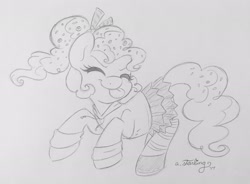 Size: 2047x1510 | Tagged: safe, artist:abbystarling, derpibooru import, pinkie pie, earth pony, pony, clothes, cosplay, costume, cute, eyes closed, female, hoodie, mare, monochrome, pantyhose, pleated skirt, shoes, sketch, skirt, solo, striped pantyhose, tongue out, traditional art, vanellope von schweetz, wreck-it ralph