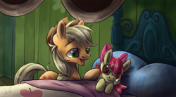 Size: 853x470 | Tagged: safe, artist:ebonytails, apple bloom, applejack, earth pony, pony, bloom and gloom, bed, duo, female, filly, lullaby, mare, on bed, open mouth, scene interpretation, siblings, singing, sisters