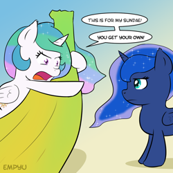 Size: 1000x1000 | Tagged: safe, artist:empyu, princess celestia, princess luna, alicorn, pony, banana, bananalestia, dialogue, duo, food, frown, royal sisters, unamused, younger