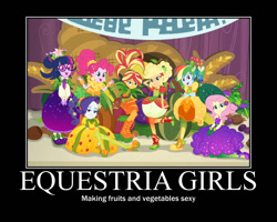 Size: 750x600 | Tagged: safe, applejack, fluttershy, pinkie pie, rainbow dash, rarity, sci-twi, sunset shimmer, twilight sparkle, better together, equestria girls, holidays unwrapped, cornucopia costumes, humane five, humane seven, humane six, motivational poster, sexy