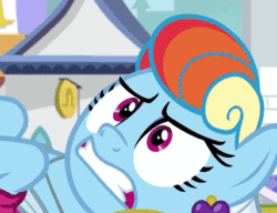 Size: 428x328 | Tagged: safe, derpibooru import, screencap, rainbow dash, zephyr breeze, pegasus, pony, sparkle's seven, animated, bleh, close-up, cropped, disgusted, ear piercing, earring, female, gif, jewelry, mare, megaradash, offscreen character, piercing, rainbow dash always dresses in style, rainbow dash is best facemaker, reaction image