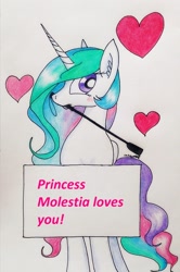 Size: 1808x2728 | Tagged: safe, artist:cahandariella, princess celestia, alicorn, pony, blushing, heart, princess molestia, riding crop, solo, text, traditional art