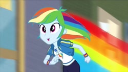 Size: 1280x720 | Tagged: safe, derpibooru import, screencap, rainbow dash, better together, equestria girls, run to break free, clothes, happy, rainbow, running, smiling, solo