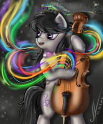 Size: 1400x1680 | Tagged: safe, artist:1vladislav, octavia melody, earth pony, pony, bench, bipedal, bow (instrument), cello, female, lamp, mare, musical instrument, necktie, open mouth, signature, smiling, solo