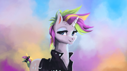 Size: 1920x1080 | Tagged: safe, artist:hierozaki, rarity, pony, unicorn, it isn't the mane thing about you, abstract background, alternate hairstyle, clothes, looking at you, punk, raripunk, smiling, solo