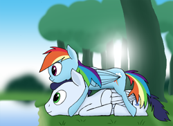 Size: 1486x1080 | Tagged: safe, artist:soks777, derpibooru import, rainbow dash, soarin', pegasus, pony, female, male, shipping, soarindash, straight, tree