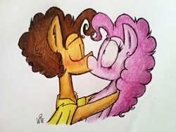 Size: 960x720 | Tagged: safe, artist:mabiesison, cheese sandwich, pinkie pie, earth pony, pony, cheesepie, female, kissing, male, shipping, straight, traditional art