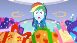 Size: 1600x900 | Tagged: safe, derpibooru import, screencap, rainbow dash, better together, equestria girls, holidays unwrapped, box, geode of super speed, gift box, magical geodes, present, solo, wrapped