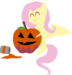 Size: 1880x1975 | Tagged: safe, artist:v0jelly, fluttershy, bat pony, pony, apple, color, eyes closed, flutterbat, food, jack-o-lantern, paint, pointy ponies, simple background, sitting, smiling, solo, spooky flutterbat's countdown to halloween, transparent background