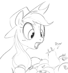 Size: 518x559 | Tagged: safe, artist:dotkwa, applejack, earth pony, pony, female, freckles, hat, lineart, mare, monochrome, open mouth, pear, sketch, solo
