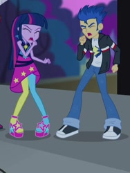 Size: 404x538 | Tagged: safe, derpibooru import, screencap, flash sentry, twilight sparkle, equestria girls, rainbow rocks, clothes, coughing, cropped, eyes closed, high heels, jacket, pants, pantyhose, rainbow rocks outfit, shoes, skirt, sneakers