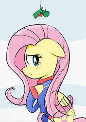 Size: 2001x2830 | Tagged: safe, artist:deafpunk, fluttershy, pegasus, pony, blushing, bottomless, christmas, clothes, holly, holly mistaken for mistletoe, partial nudity, solo, sweater, sweatershy