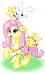 Size: 324x528 | Tagged: safe, artist:metax-z, angel bunny, fluttershy, pegasus, pony, animated, blinking, christmas, christmas lights, fluttertree, i'd like to be a tree, open mouth, pixel art, smiling