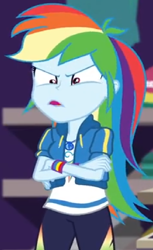 Size: 552x900 | Tagged: safe, derpibooru import, edit, edited screencap, screencap, rainbow dash, better together, equestria girls, holidays unwrapped, cropped, crossed arms, geode of super speed, magical geodes, unamused, upset, wristband