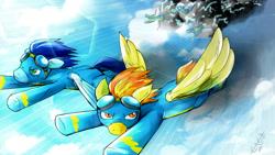 Size: 3000x1688 | Tagged: safe, artist:ereb-tauramandil, derpibooru import, soarin', spitfire, pony, clothes, flying, goggles, uniform, wonderbolts, wonderbolts uniform