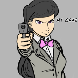 Size: 945x945 | Tagged: safe, artist:megasweet, artist:rustydooks, octavia melody, cake, glock, gun, humanized, pistol