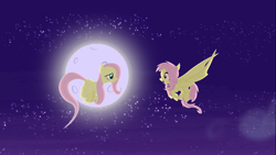 Size: 1366x768 | Tagged: safe, artist:ashi85, fluttershy, bat pony, pony, flutterbat, moon, night, self ponidox