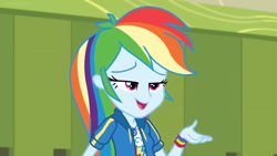 Size: 1600x900 | Tagged: safe, derpibooru import, screencap, rainbow dash, better together, equestria girls, holidays unwrapped, bedroom eyes, geode of super speed, lockers, magical geodes, wristband