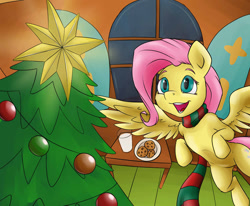 Size: 1024x843 | Tagged: safe, artist:megagibs, fluttershy, pegasus, pony, semi-anthro, christmas, christmas tree, clothes, cute, excited, floating, hearth's warming eve, milk and cookies, open mouth, scarf, shyabetes, solo, spread wings, tree