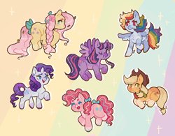 Size: 1000x780 | Tagged: safe, artist:forestfolke, derpibooru import, applejack, fluttershy, pinkie pie, rainbow dash, rarity, twilight sparkle, twilight sparkle (alicorn), alicorn, butterfly, earth pony, pegasus, pony, unicorn, alternate hairstyle, bow, braid, colored hooves, cowboy hat, cute, dashabetes, diapinkes, dock, eyes closed, female, hair bow, hat, jackabetes, mane six, mare, no pupils, one eye closed, open mouth, profile, raribetes, redesign, shyabetes, tail bow, twiabetes, two toned wings, wings, wink
