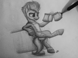 Size: 640x480 | Tagged: safe, artist:lupiarts, derpibooru import, spitfire, bipedal leaning, cider, drink, grayscale, leaning, monochrome, pencil, pencil drawing, photo, solo, traditional art, wonderbolts, wonderbolts uniform