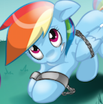 Size: 150x152 | Tagged: safe, artist:minty-red, derpibooru import, rainbow dash, pegasus, pony, bound wings, chains, cuffs, nervous, prisoner rd, shackles, wings