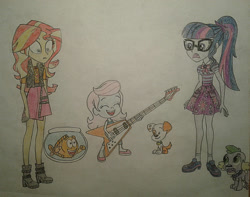 Size: 1461x1150 | Tagged: safe, artist:jebens1, sci-twi, spike, spike the regular dog, sunset shimmer, twilight sparkle, dog, human, better together, equestria girls, barely eqg related, bubble guppies, bubble puppy, crossover, electric guitar, guitar, magical geodes, microphone, molly (bubble guppies), mr. grouper, musical instrument, nick jr., nickelodeon, singing