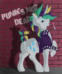 Size: 1352x1613 | Tagged: safe, artist:missydakota, rarity, pony, unicorn, it isn't the mane thing about you, alternate hairstyle, candy, clothes, female, levitation, lollipop, magic, mare, plot, punk, raripunk, solo, telekinesis, wall