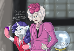 Size: 2600x1800 | Tagged: safe, artist:shimazun, rarity, pony, unicorn, cellphone, clothes, crossover, crying, dialogue, dress, effie trinket, fanart mashup challenge, female, mare, microphone, phone, selfie, smiling, tears of joy, the hunger games