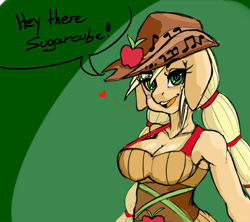 Size: 600x532 | Tagged: safe, artist:catharsis, applejack, anthro, equestria girls, friendship through the ages, 30 minute art challenge, applerack, breasts, cleavage, country applejack, dialogue, female, solo