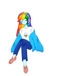 Size: 720x960 | Tagged: safe, artist:sijosa_pakeri, derpibooru import, rainbow dash, equestria girls, clothes, crossed legs, cute, dashabetes, eyes closed, female, headphones, jacket, simple background, sitting, solo, white background