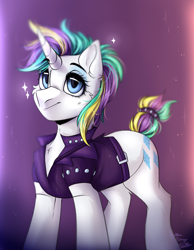 Size: 2100x2700 | Tagged: safe, artist:allisonbacker, rarity, pony, unicorn, it isn't the mane thing about you, alternate hairstyle, clothes, female, jacket, mare, punk, raripunk, short hair, solo